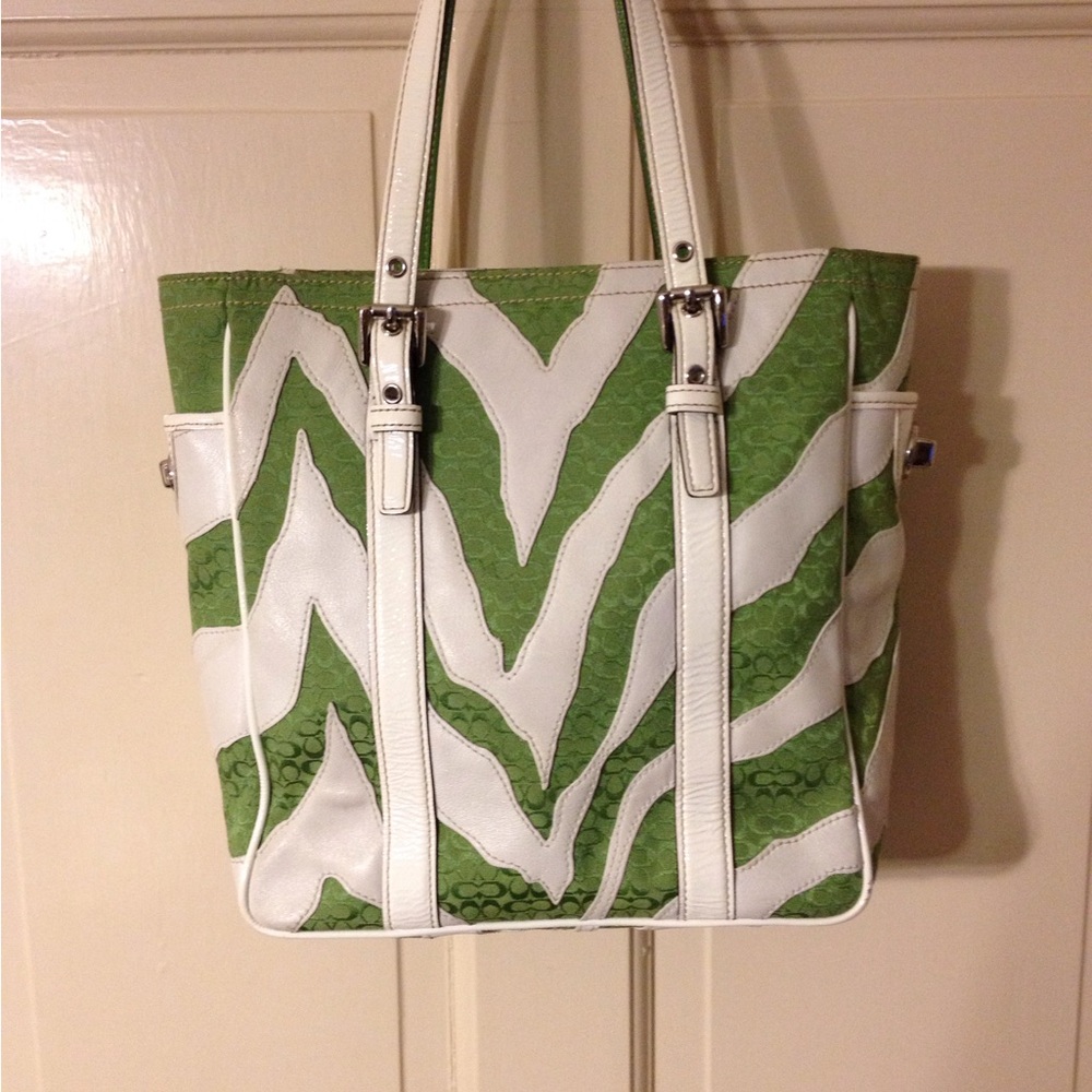 Coach Green and White Zebra Leather Tote Bag